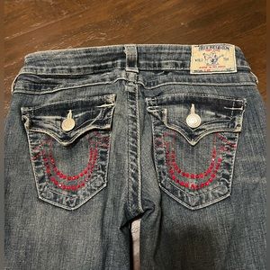 True Religion light washed Blue flare Jeans with red rhinestones - size 27